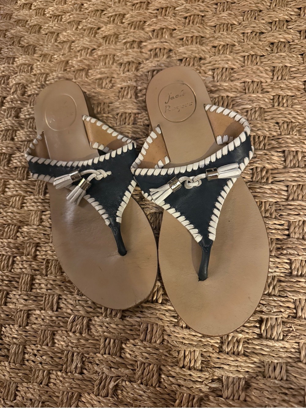 Jack Rogers Black and Tan Whipstitched Tassel Thong Sandals